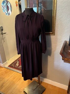 Burberry Long-Sleeve Tie-Neck Dress in Deep Plum